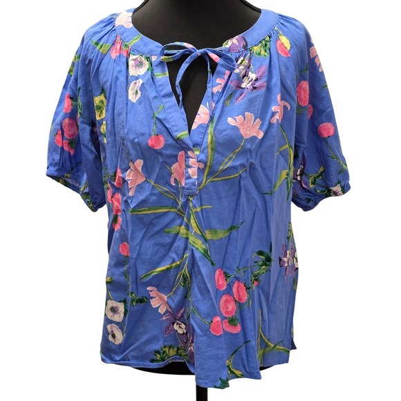 LOFT Tops - LOFT Floral Print Tie Neck Blouse Top‎ Blue Pink Women's Size Small